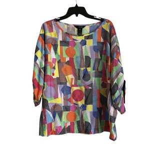 Ali Miles Boxy Popover Ruched Sleeve Top Womens XL Multi Abstract Artsy Colorful